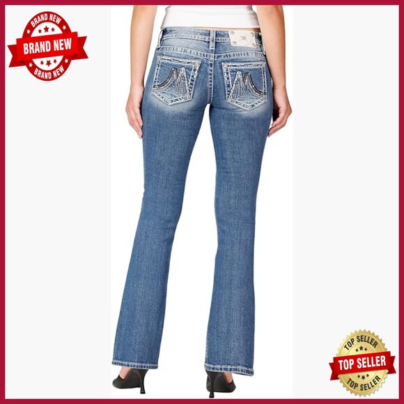 Mid Rise Bootcut Jeans with Rhinestone Accents and Leather Appliqué